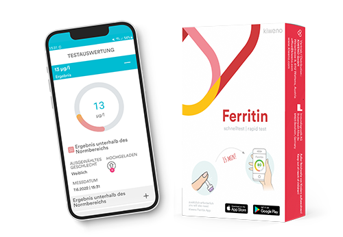 kiweno Ferritin Schnelltest Verpackung mit Ergebnis