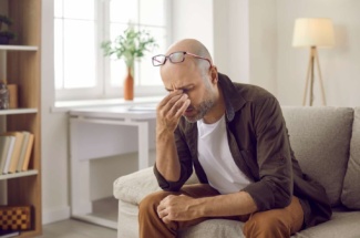 Mann sitzt auf SOfa und reibt sich die Augen während Brille auf der Stirn sitzt