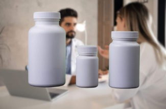 Drei Behälter für supplements vor Bild von Arztgespräch